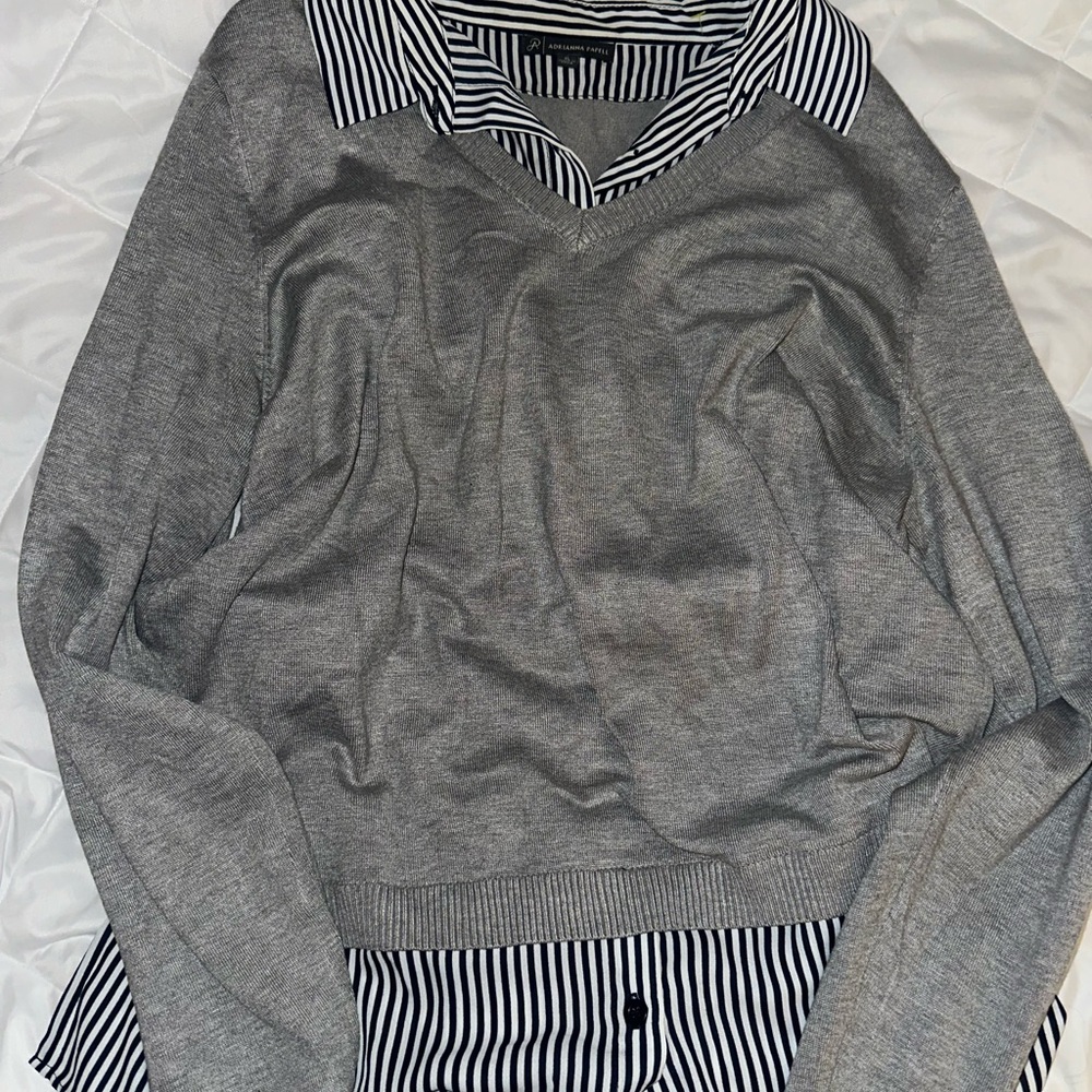 Adrianna Papell Gray Layered Look Sweater with Striped Shirt Collar
